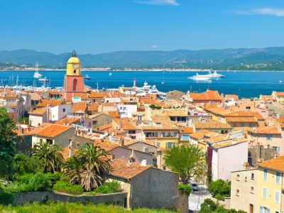 Beautiful view of Saint-Tropez, France with seascape and blue sky
